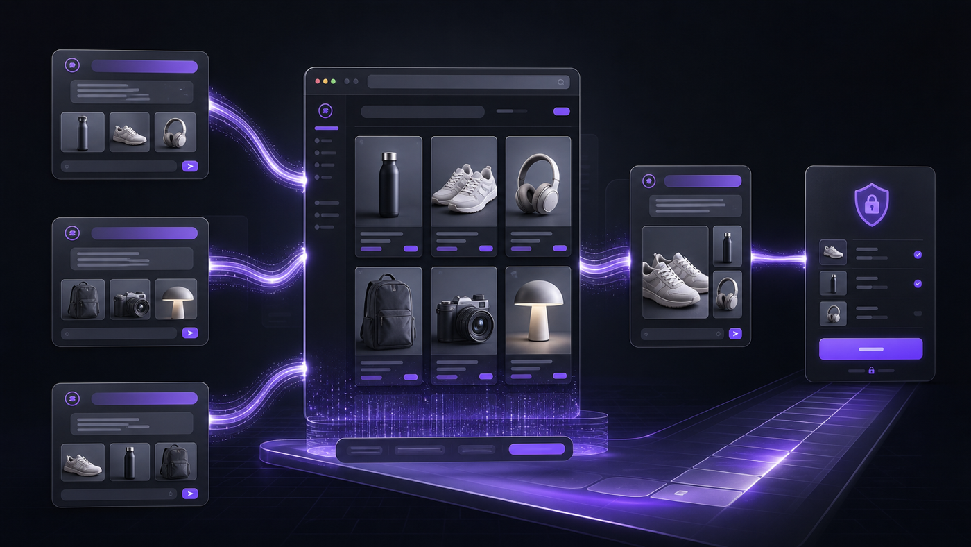 Product catalog flowing into conversational AI discovery channels and a secure checkout