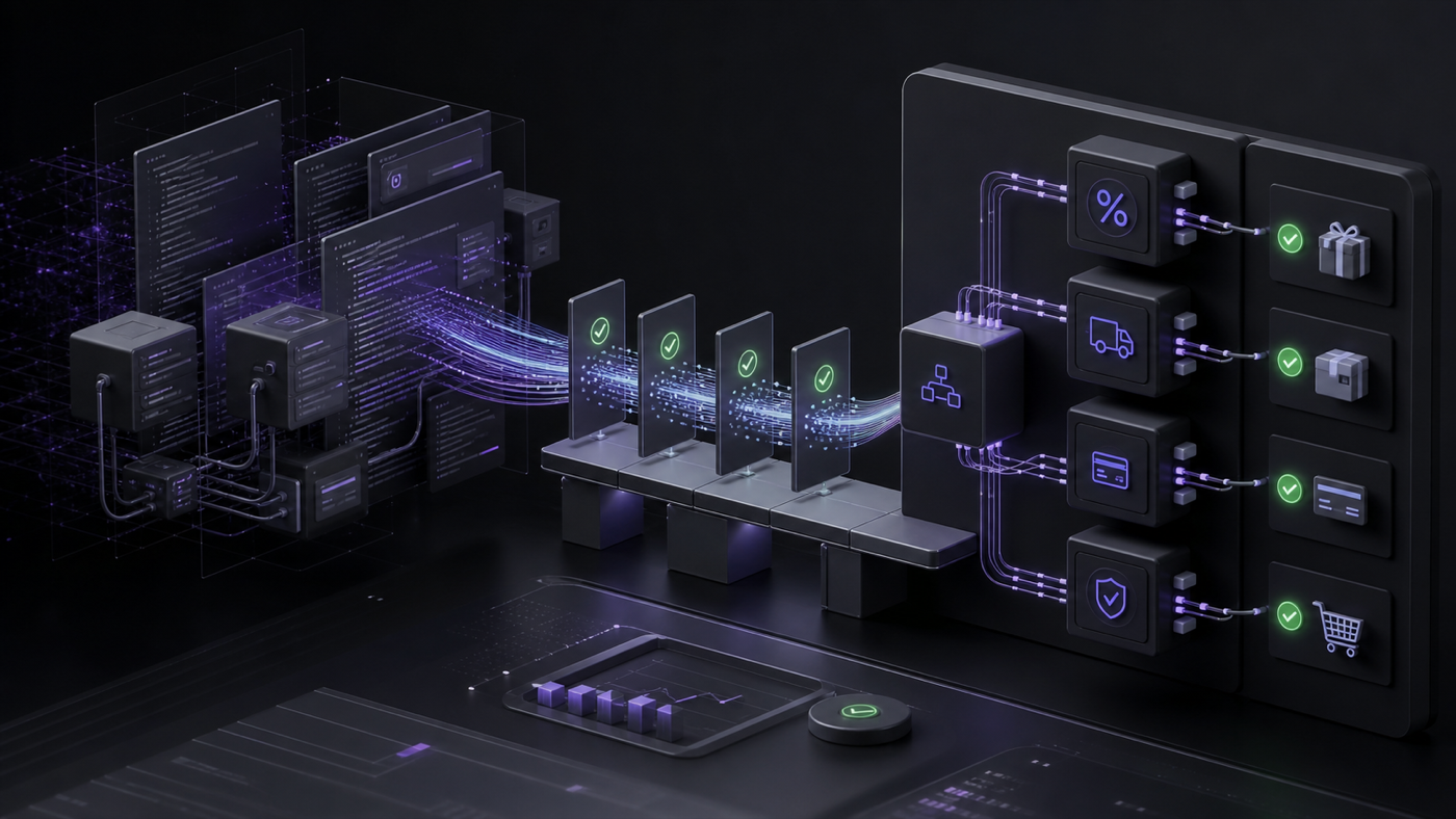 Legacy ecommerce rules moving through test checkpoints into modular Shopify Functions