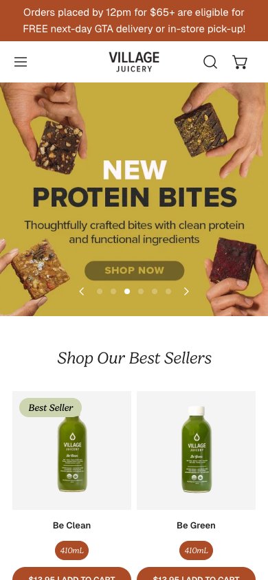Village Juicery: mobile website; open full-size image in a new tab